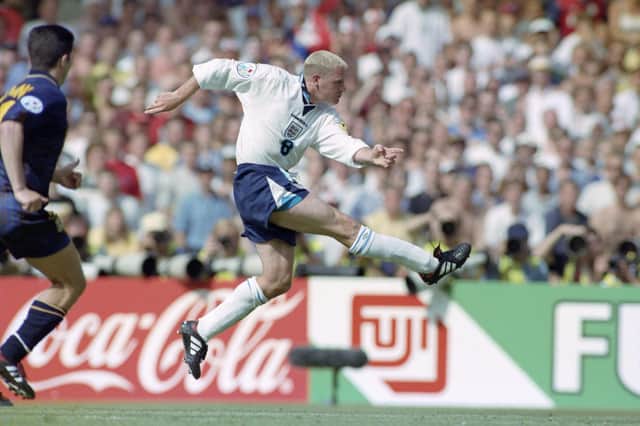 Paul Gascoigne scores his iconic goal against Scorland 25 years ago. Photo by Stu Forster/Allsport/Getty Images/Hulton Archive.