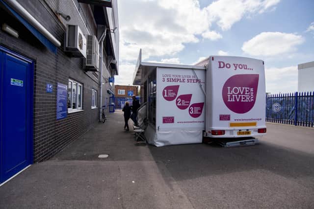 Health and wellbeing fayre at Fratton Park, Portsmouth on Friday 29th April 2022

Pictured: Liver screening at Fratton Park, Portsmouth on Friday 29th April 2022

Pictured: Liver screening area set up oustide PFC



Picture: Habibur Rahman