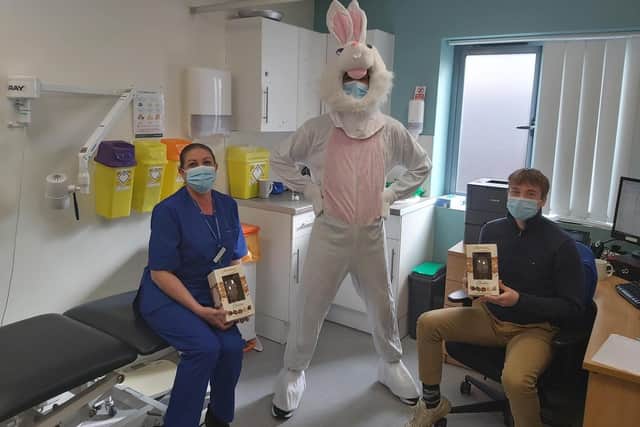 Kingston Crescent Surgery in North End, health care assistant Rachel Smith, who lives in Copnor, and volunteer Harry Kyd who lives in Portsmouth, received their eggs from the Easter Bunny