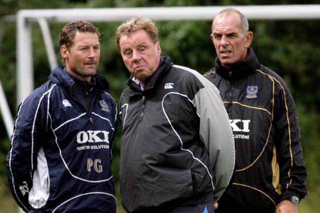 Paul Groves, left, with former Pompey manager Harry Redknapp and Joe Jordan