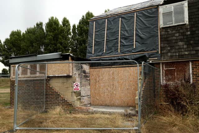 The damaged pavilion at King George V Playing Fields, Cosham