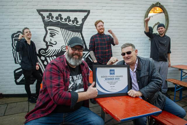 Owners Sean Marshall and Paul Mulholland with staff, Mike Bailey,Ollie Willers and Dan Gates in the King Street Tavern. 

Picture: Habibur Rahman