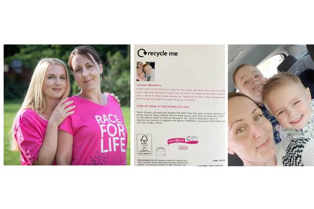 From left, Natalie Pantry, left, and her sister Nicola Maddern; The back of the card featuring Joseph Maddern’s story; the Maddern family