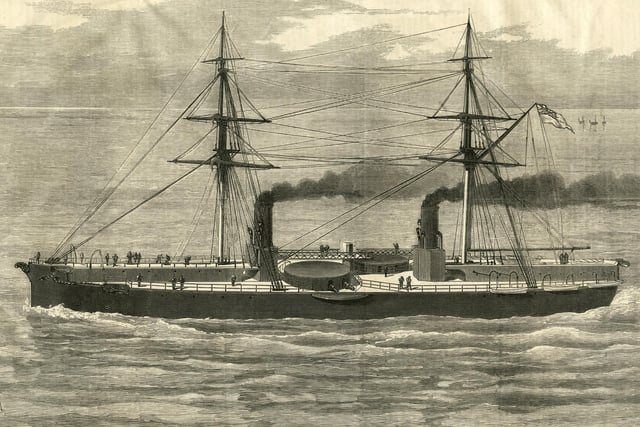 An engraving of HMS Inflexible an ironclad battleship of the Royal Navy carrying her main armament of four RML 16-inch 80-ton rifled muzzle-loading guns in centrally placed turrets at sea following her launch on 27 April 1876 from the Royal Dockyard Portsmouth, Portsmouth, England. Original publication: Illustrated London News. (Photo by Illustrated London News/Hulton Archive/Getty Images)