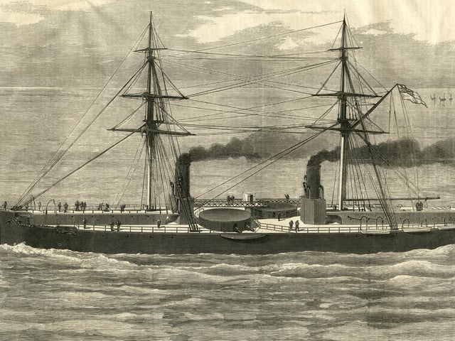An engraving of HMS Inflexible an ironclad battleship of the Royal Navy carrying her main armament of four RML 16-inch 80-ton rifled muzzle-loading guns in centrally placed turrets   at sea following her launch on 27 April 1876  from the Royal Dockyard Portsmouth, Portsmouth, England.  Original publication: Illustrated London News. (Photo by Illustrated London News/Hulton Archive/Getty Images)