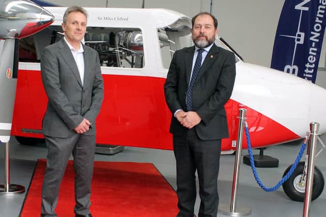 Britten-Norman's Islander, picture by Thomas Cubero
L to R: Kurt Whitney, Quality Manager at FIGAS, standing next to William Hynett, CEO of Britten-Norman