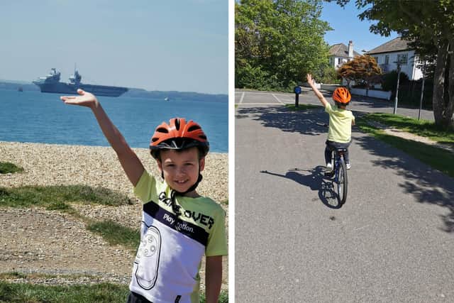 Shay Glenton, 8 from Lee-on-the-Solent, will be cycling for two hours straight to raise money for University Hospital Southampton which has cared for him since his diagnosis of epilepsy and subsequent brain surgery. Pictured: Shay cycling to see HMS Queen Elizabeth