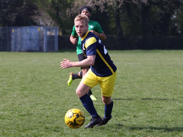 Action from the Challenge Cup clash between Pelham Arms (blue/yellow kit) and FFTP (green and black kit). Picture: Sam Stephenson