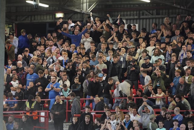 Portsmouth fans during the EFL Sky Bet League 1 match between Charlton Athletic and Portsmouth at The Valley, London, England on 17 October 2022.