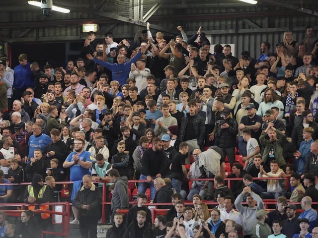Portsmouth fans during the EFL Sky Bet League 1 match between Charlton Athletic and Portsmouth at The Valley, London, England on 17 October 2022.