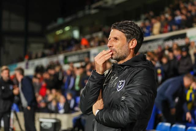 Danny Cowley deep in thought during Pompey's 2-0 win at Ipswich in the Papa John's Trophy. Picture: Simon Davies/ProSportsImages