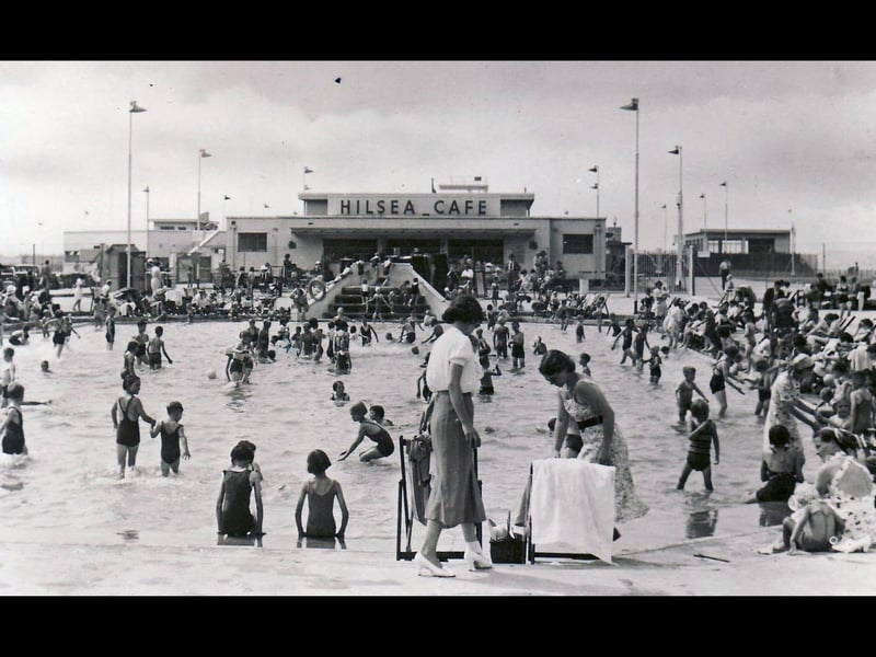 The Hilsea Cafe behind the paddling pool at Hilsea Lido, Portsmouth, possibly in the late 1940's.