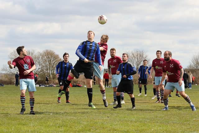 Cross Keys Reserves (maroon) v Freehouse A in Division 4 at Havant Academy. Picture: Kevin Shipp