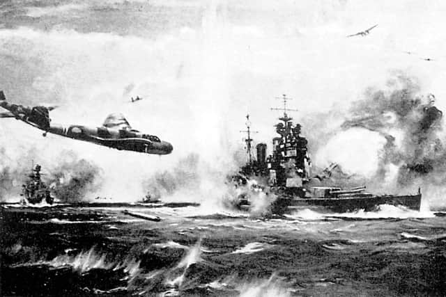 Painting of the attack on HMS Prince of Wales (foreground right) and HMS Repulse (far left) on 10/12/1941 by the Japanese off the coast of Singapore.  
