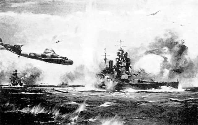 Painting of the attack on HMS Prince of Wales (foreground right) and HMS Repulse (far left) on 10/12/1941 by the Japanese off the coast of Singapore.  