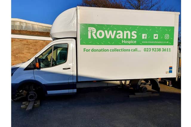 Mellony and Richard Clegg have paid to replace the wheels for a Rowans Hospice retail van which had all its wheels stolen from outside their Farlington Warehouse
