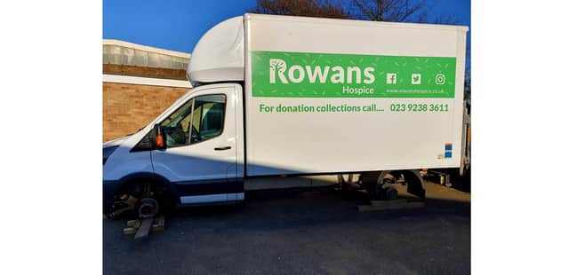 Mellony and Richard Clegg have paid to replace the wheels for a Rowans Hospice retail van which had all its wheels stolen from outside their Farlington Warehouse