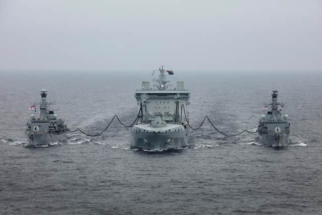 Pictured: HMS Lancaster conducts a replenishment at sea in the Baltic region with RFA Tide Race and HMS Westminster.
Credit: LPhot Dan Rosenbaum, HMS Lancaster