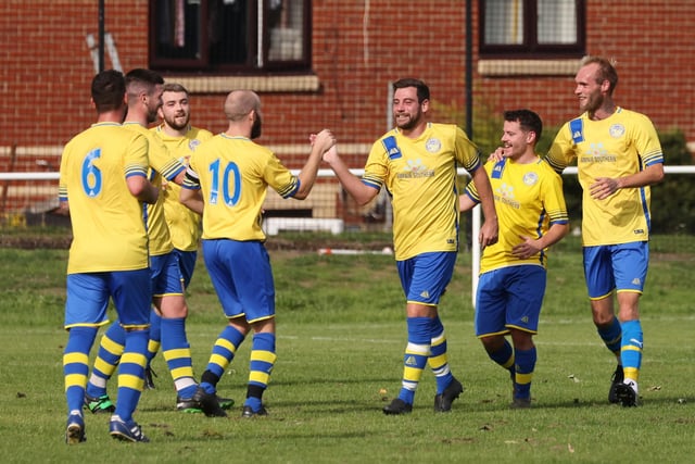 Meon Milton Reserves  celebrate. Picture by Kevin Shipp