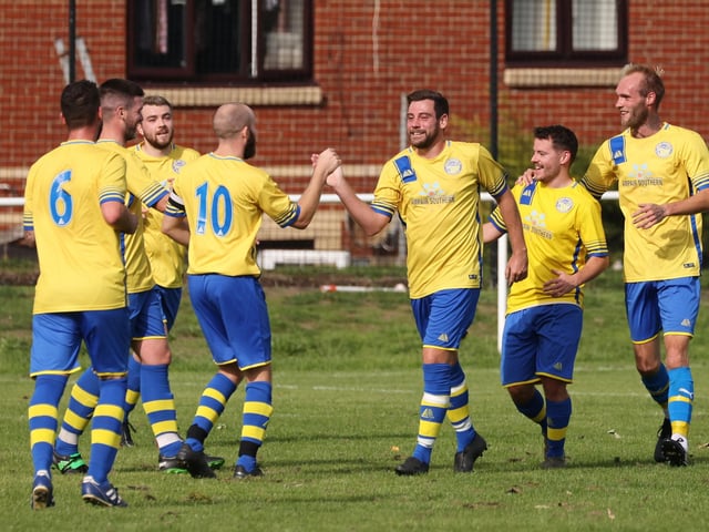 Meon Milton Reserves celebrate. Picture by Kevin Shipp