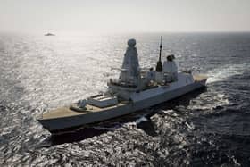 HMS Duncan viewed from FS Surcouf's helicopter on transit to FS Surcouf. Picture: PO Phot Lee Blease.
