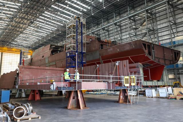 Pictured: Future Type 31 Frigate HMS Venturer currently in build at Rosyth Dockyard in Scotland. The Type 31 programme has been graded an amber in a recent government report. The project is likely to be completed on time and to budget, though some issues remain. Picture: LPhot Bill Spurr/Royal Navy.