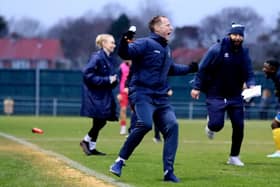 Director of football Mark Molesley celerbrates Gosport's stoppage time winner. Picture by Tom Phillips