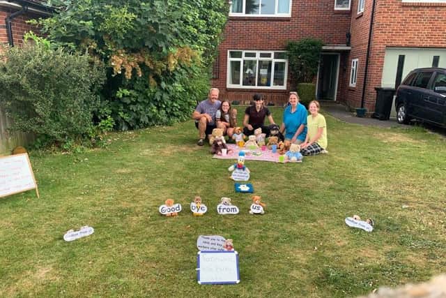 The Barber family put together amusing bear displays for 64 days during lockdown. Pictured: Michael Barber, with Nicola, Eleanor, Samuel and Lottie on the last day