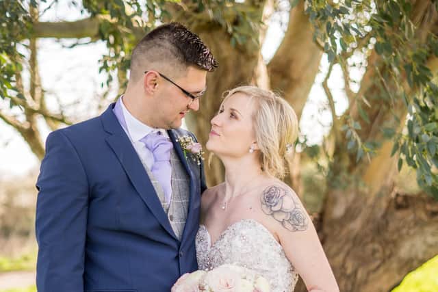 Matthew and Sarah together on their wedding day. Picture: Carla Mortimer Photography, carlamortimerweddingphotography.co.uk
