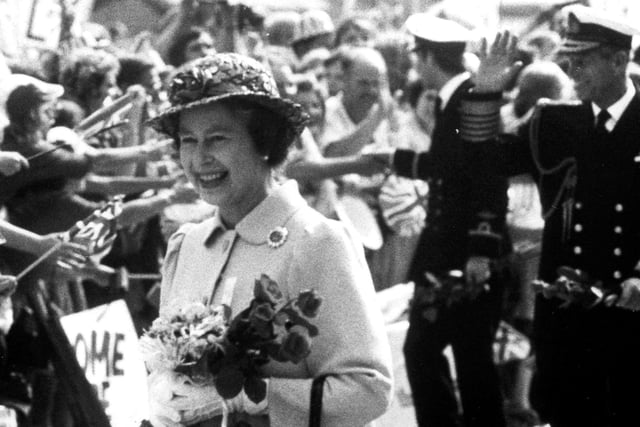 The Queen is in Portsmouth to greet HMS Invincible on September 18, 1982.