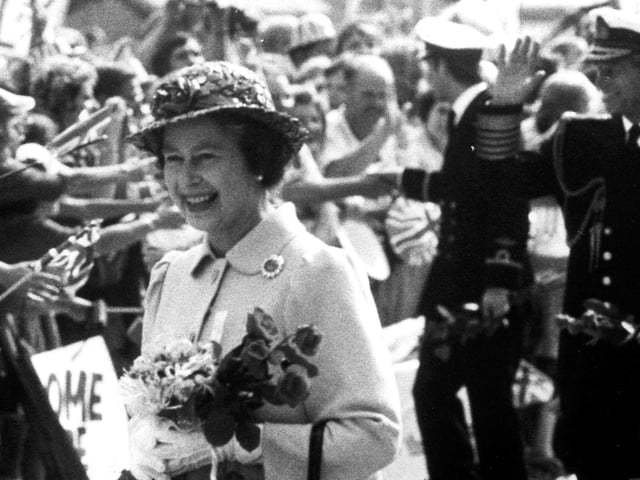 The Queen is in Portsmouth to greet HMS Invincible on September 18, 1982.