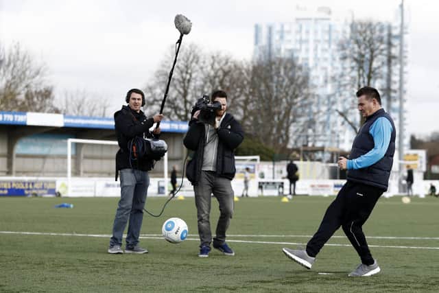 Paul Doswell pictured on Sutton's 3G surface ahead of their FA Cup fifth round tie with Arsenal in 2017. Now Hawks are going to be laying a similar surface from the same company S & C Slatter. Pic: Adrian Dennis/AFP via Getty Images.