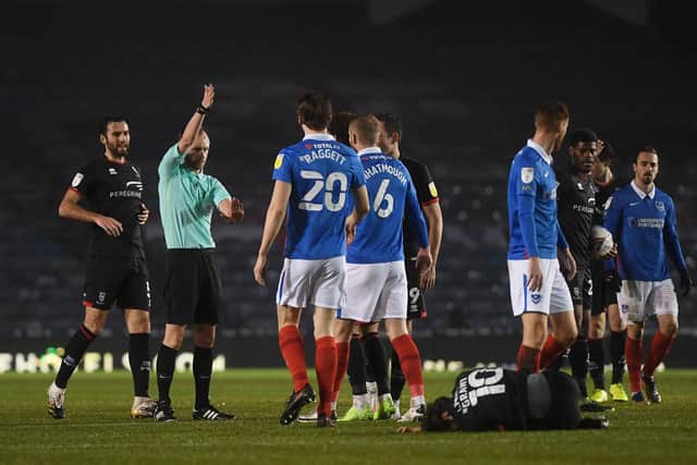 Pompey will appeal following Jack Whatmough's straight red card in tonight's 1-0 defeat to Lincoln. Picture: Mike Hewitt/Getty Images