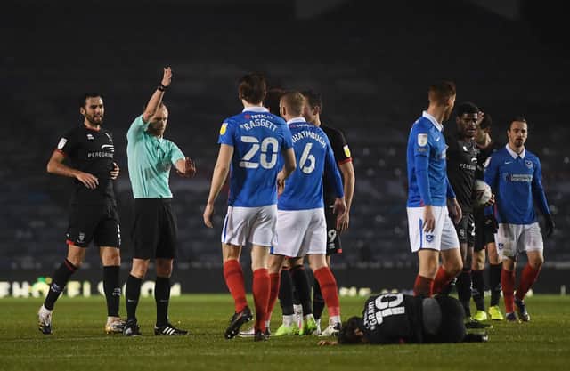 Pompey will appeal following Jack Whatmough's straight red card in tonight's 1-0 defeat to Lincoln. Picture: Mike Hewitt/Getty Images