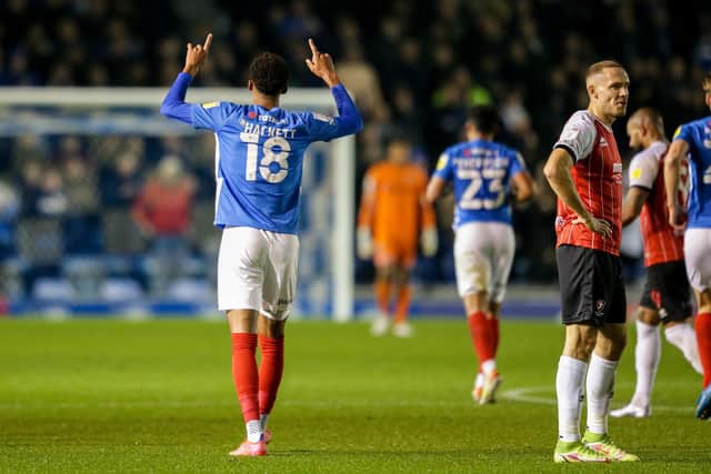 Reeco Hackett celebrates netting Pompey' first-half leveller against Cheltenham. Picture: Robin Jones/Digital South