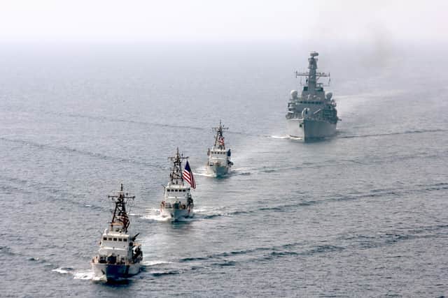 Royal Navy vessel HMS Montrose in formation with three US Coastguard Island-class patrol cutters in the Gulf.
Phot: Lt Gallagher