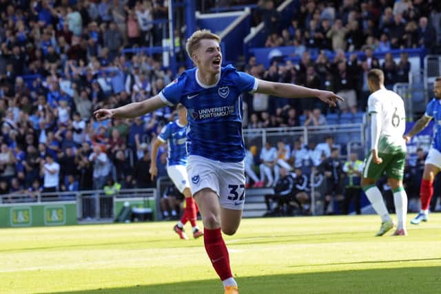Paddy Lane celebrates his Pompey goal against Lincoln.