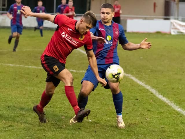 Harry Bedford (right, pictured for US Portsmouth in December 2019) has returned to competitive Saturday football for the first time since before the pandemic struck. Picture: Duncan Shepherd