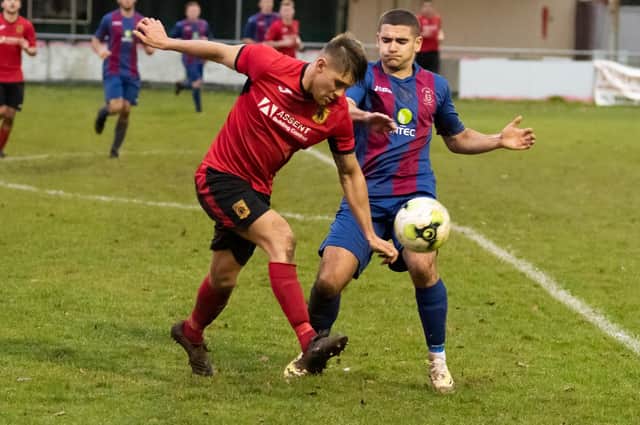 Harry Bedford (right, pictured for US Portsmouth in December 2019) has returned to competitive Saturday football for the first time since before the pandemic struck. Picture: Duncan Shepherd