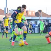 Kieran Roberts about to score his first goal against Kidlington in the FA Trophy. Picture: Martin White.