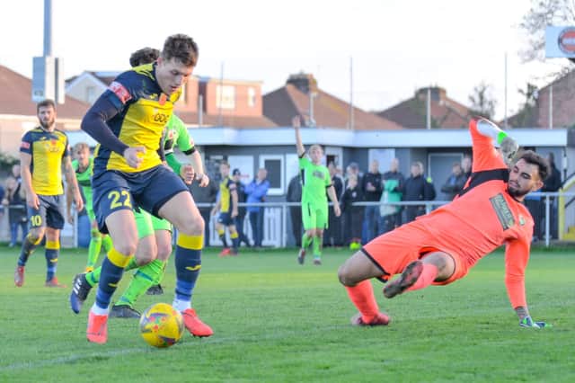 Kieran Roberts about to score his first goal against Kidlington in the FA Trophy. Picture: Martin White.
