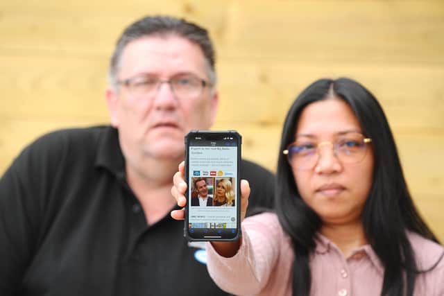 The Facebook advert, which used the likeness of financial journalist Martin Lews, promised investors could double or triple their money. Pictured: Tony Johnson (57) and his wife Eloisa (45). Picture: Sarah Standing (180523-4859)
