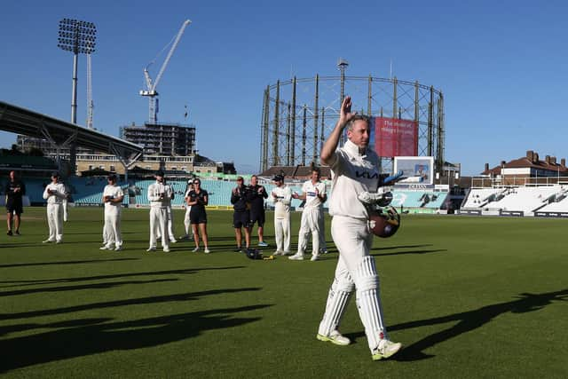 Rikki Clarke leaves the field after his final professional appearance for Surrey at The Kia Oval last September. Yesterday, in the second tier of the Hampshire League, Clarke smashed 229 off just 109 balls, including 22 sixes, against South Wilts 3rds. Photo by Steve Bardens/Getty Images for Surrey CCC.