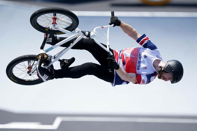 Great Britain's Declan Brooks during the Men's Cycling BMX Freestyle Final at the Ariake Urban Sports Park on the ninth day of the Tokyo 2020 Olympic Games in Japan. Picture date: Sunday August 1, 2021. PA Photo. See PA story OLYMPICS Cycling. Photo credit should read: Mike Egerton/PA Wire.
RESTRICTIONS: Use subject to restrictions. Editorial use only, no commercial use without prior consent from rights holder.