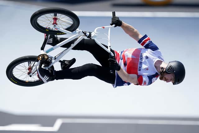 Great Britain's Declan Brooks during the Men's Cycling BMX Freestyle Final at the  Ariake Urban Sports Park on the ninth day of the Tokyo 2020 Olympic Games in Japan. Picture date: Sunday August 1, 2021. PA Photo. See PA story OLYMPICS Cycling. Photo credit should read: Mike Egerton/PA Wire. 

RESTRICTIONS: Use subject to restrictions. Editorial use only, no commercial use without prior consent from rights holder.