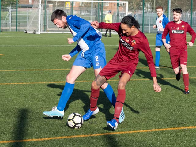 FC Strawberry (red) v Rowner Rovers in Mid-Solent League action in 2019/20. Picture: Duncan Shepherd