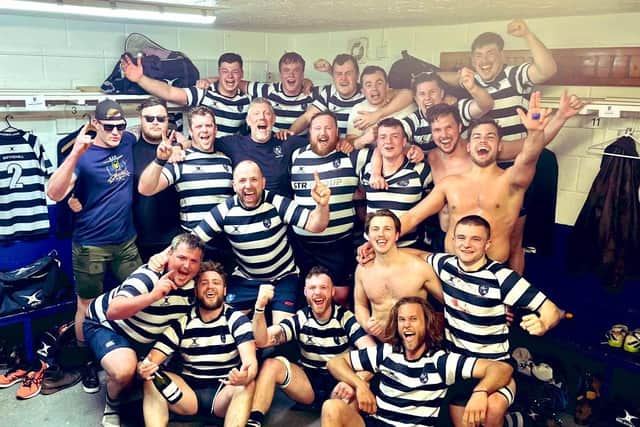 Havant Dolphins are all smiles in the changing rooms following their Hampshire Premier championship-securing win over Ellingham & Ringwood on Saturday
