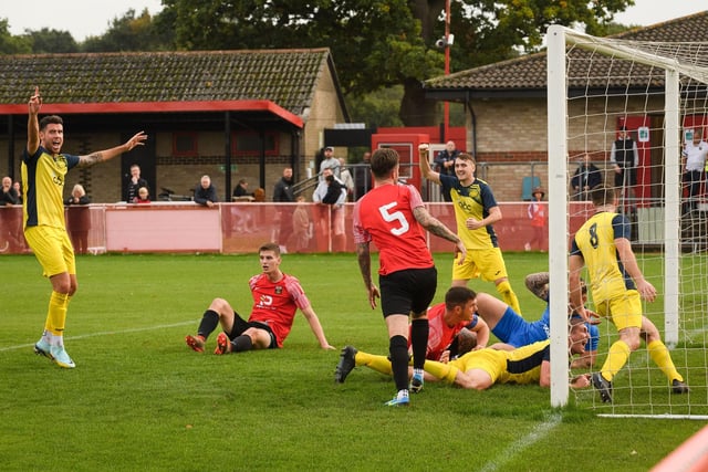 Moneyfields celebrate Harry Sargeant's goal. Picture: Keith Woodland