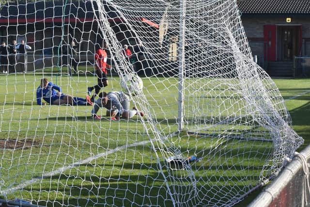 Fareham score again during their 8-2 drubbing of Portland that took them two points clear at the top of the Wessex League Premier Division. Picture: Paul Proctor.
