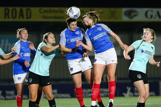 Pompey Women (in blue) pictured against Pompey Women's Development team. Jay Sadler's side will now be semi-professional following Tornante's investment. Picture by Nathan Lipsham